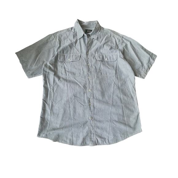 Vintage 1990s Woolrich Button Down Shirt Short Sleeve Stripe Blue Green Men L - Picture 1 of 11
